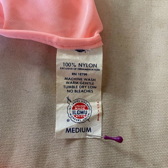 70s Vintage Pastel Orange Neon Nylon Sleeveless Nightgown with Lace Trim Size M - Picture 5 of 5